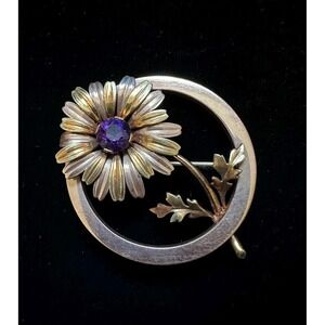 1940's Retro 14kt Solid Gold & Amethyst Daisy Flower‎ Circle Pin 14 grams